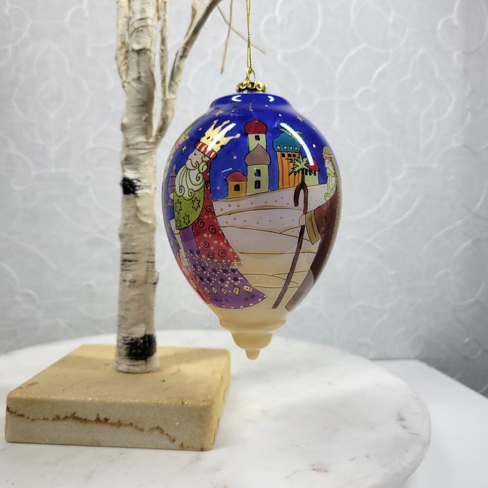 Reverse Painted Glass Ornament Handcrafted 6" Nativity Scene Christmas Village
